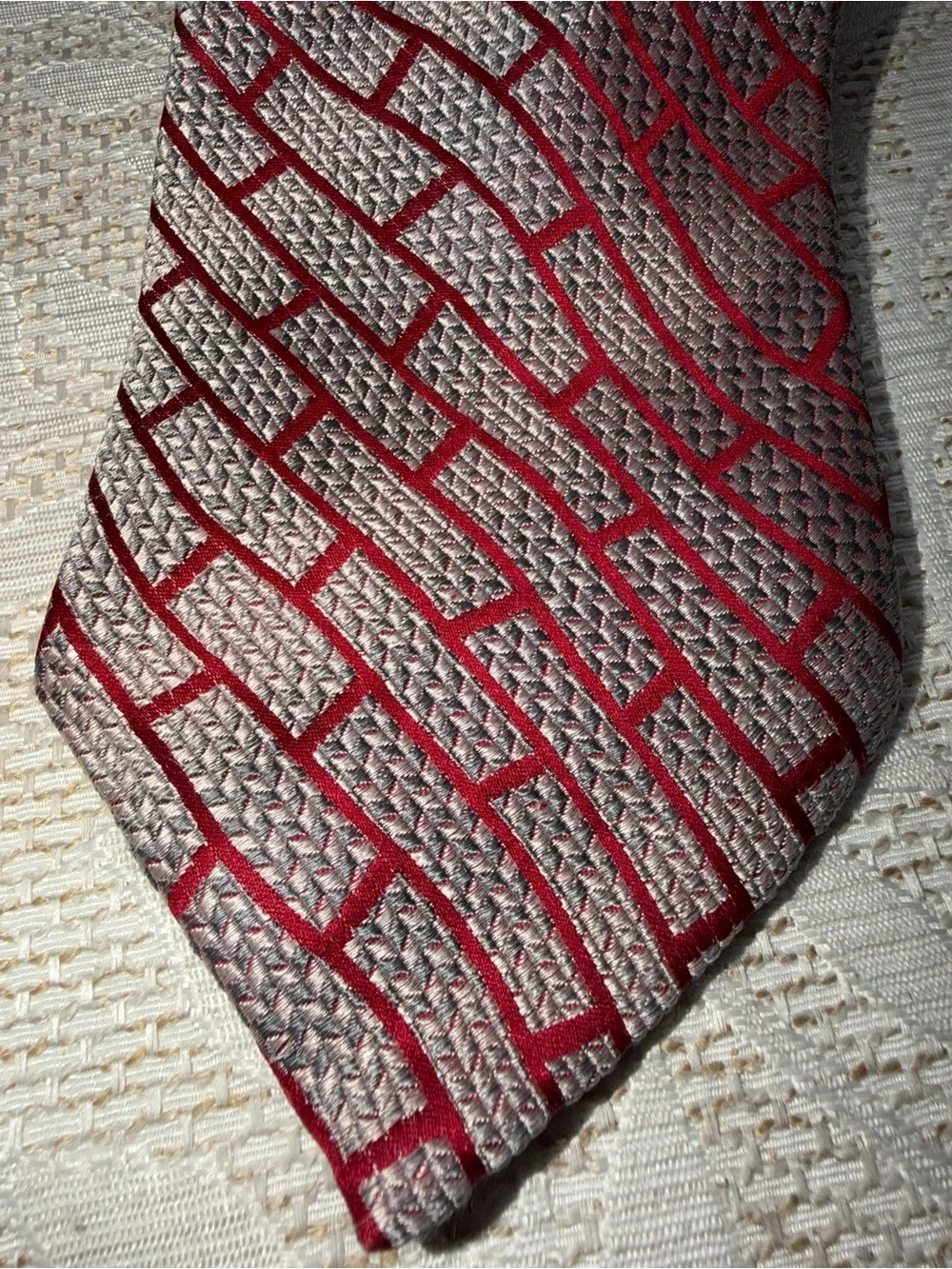 Emilio Ponti Silver And Red Geometric Handmade Silk Necktie